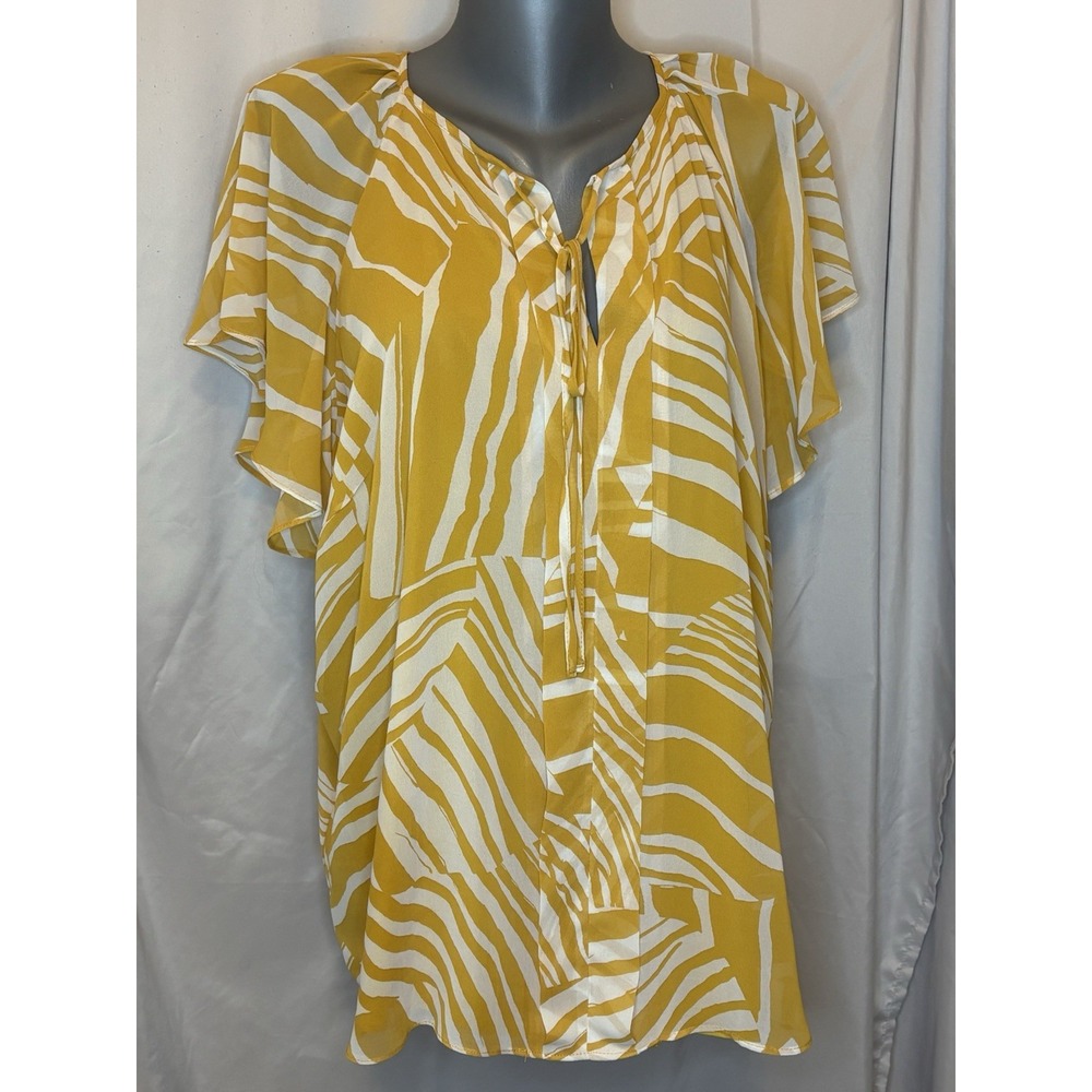 Halogen Yellow Zebra Print  flutter Sleeve Split Neck top Blouse Sz 1X Flowy